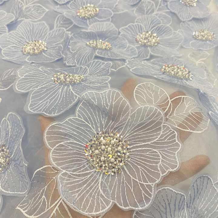 3D Floral Applique Mesh Fabric