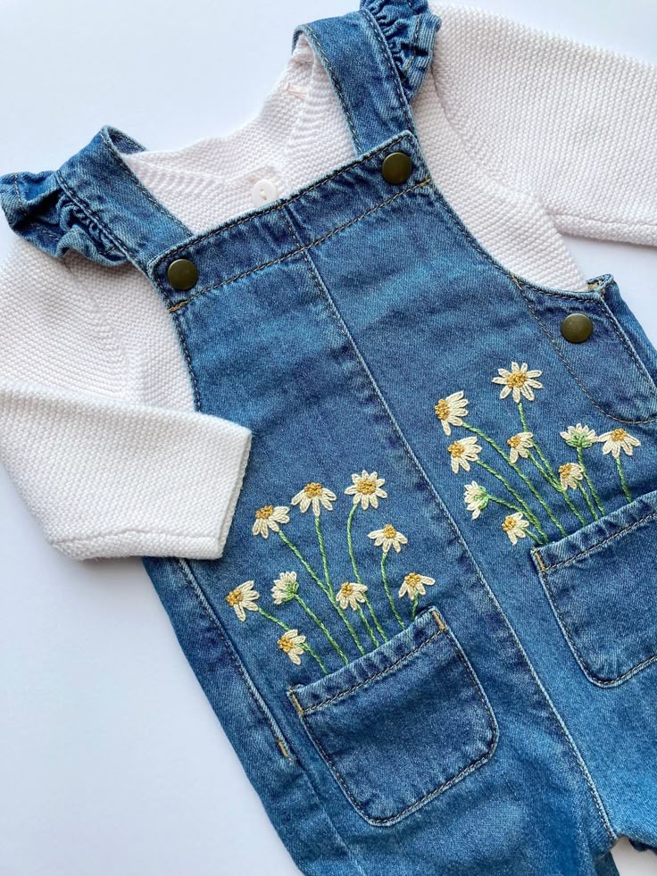 Toddler Girls' Denim Overalls with Daisy Embroidery
